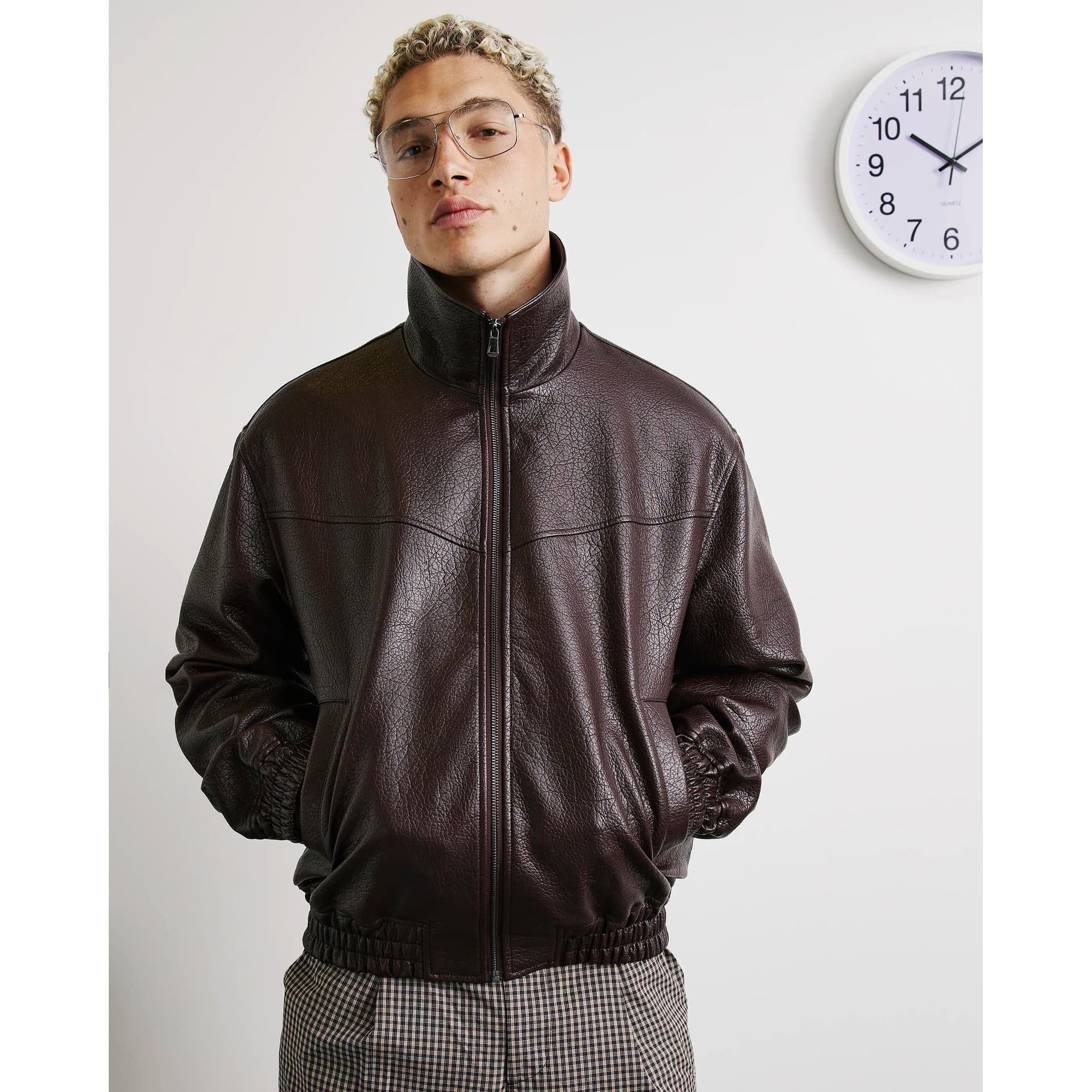 River Island Mens River Island Burgundy Funnel Faux Leather Blouson Jacket