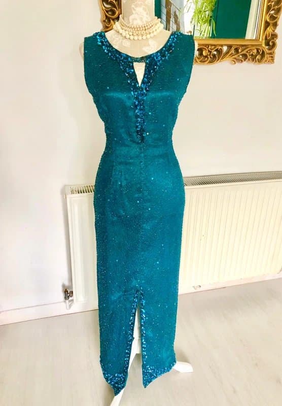 Vintage Dressing Stunning Vintage Silk100% Teal Sequin Beaded Maxi Dress Evening Gown