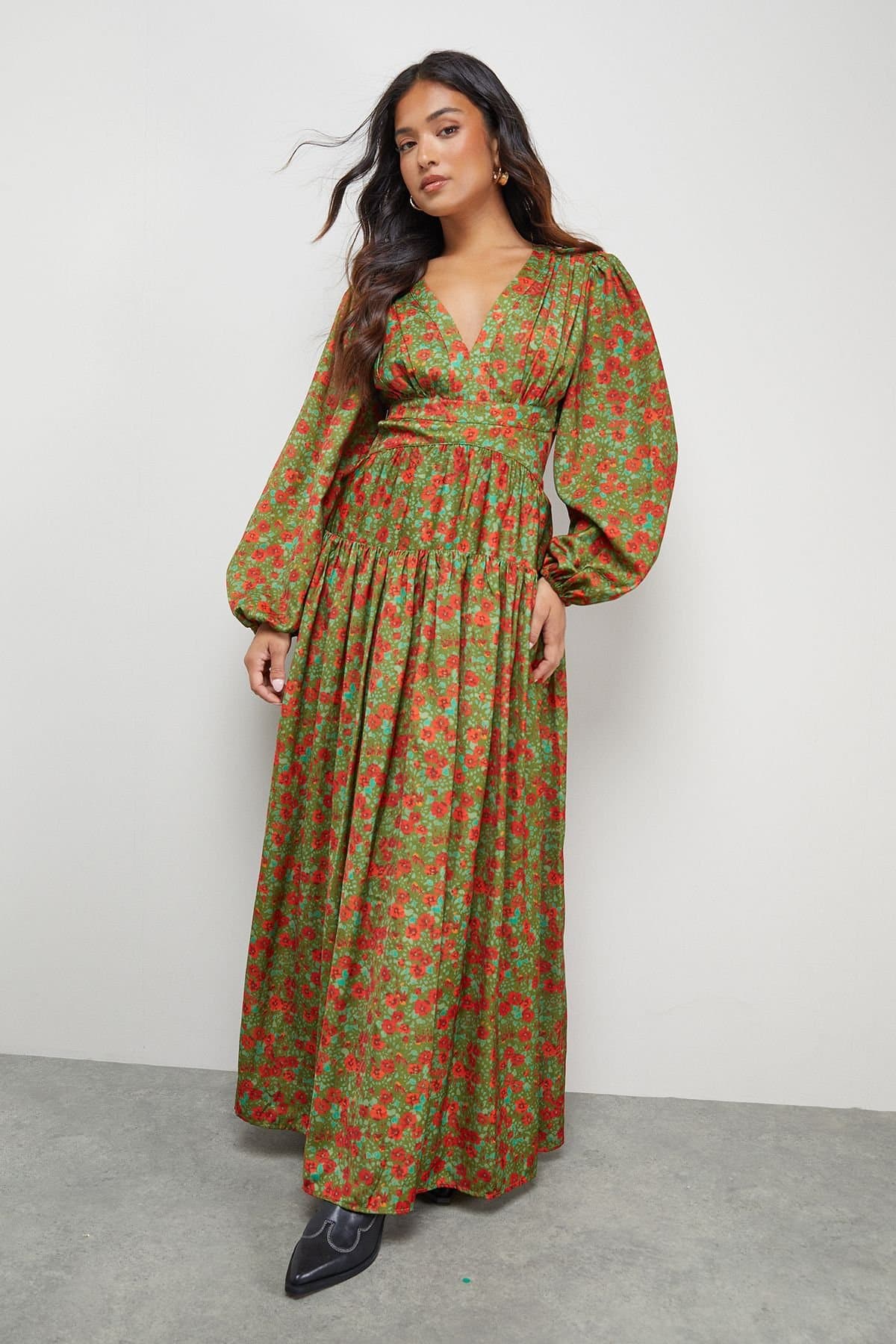 Warehouse Warehouse Women's Petite Premium Satin Open Back Maxi Dress in Olive