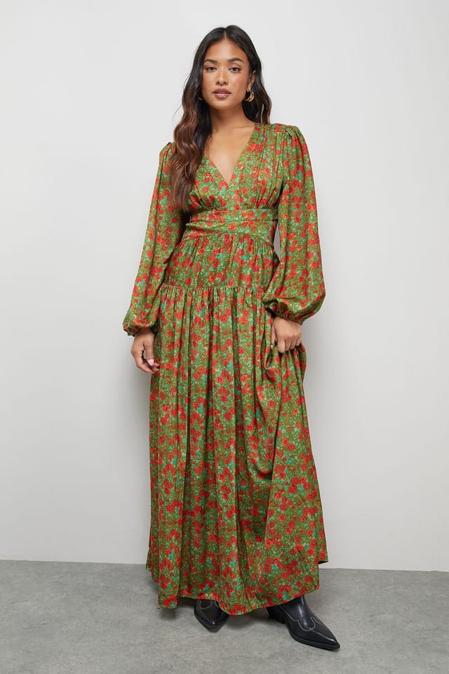 Warehouse Warehouse Women's Petite Premium Satin Open Back Maxi Dress in Olive - 2
