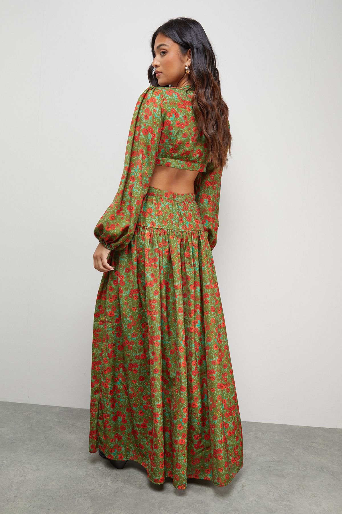 Warehouse Warehouse Women's Petite Premium Satin Open Back Maxi Dress in Olive - 3