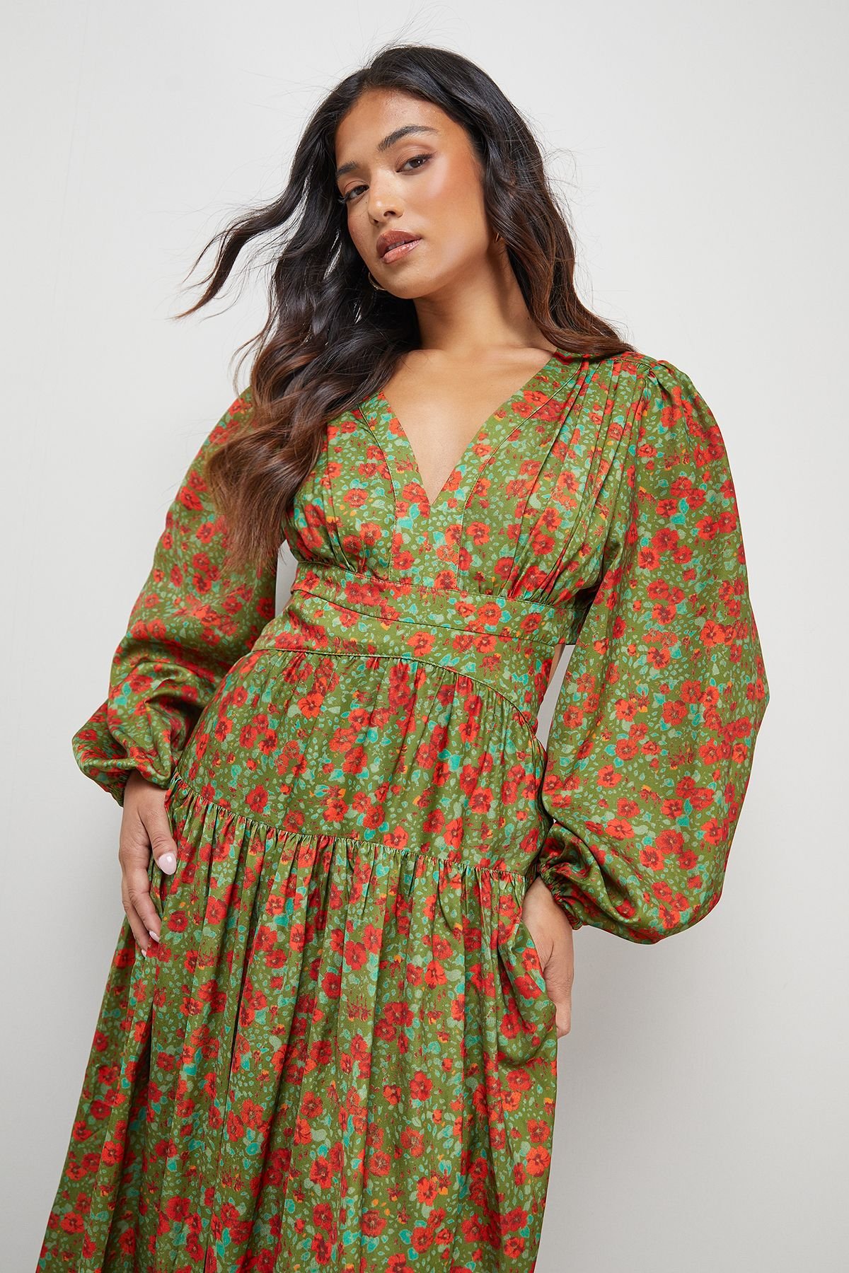 Warehouse Warehouse Women's Petite Premium Satin Open Back Maxi Dress in Olive - 4