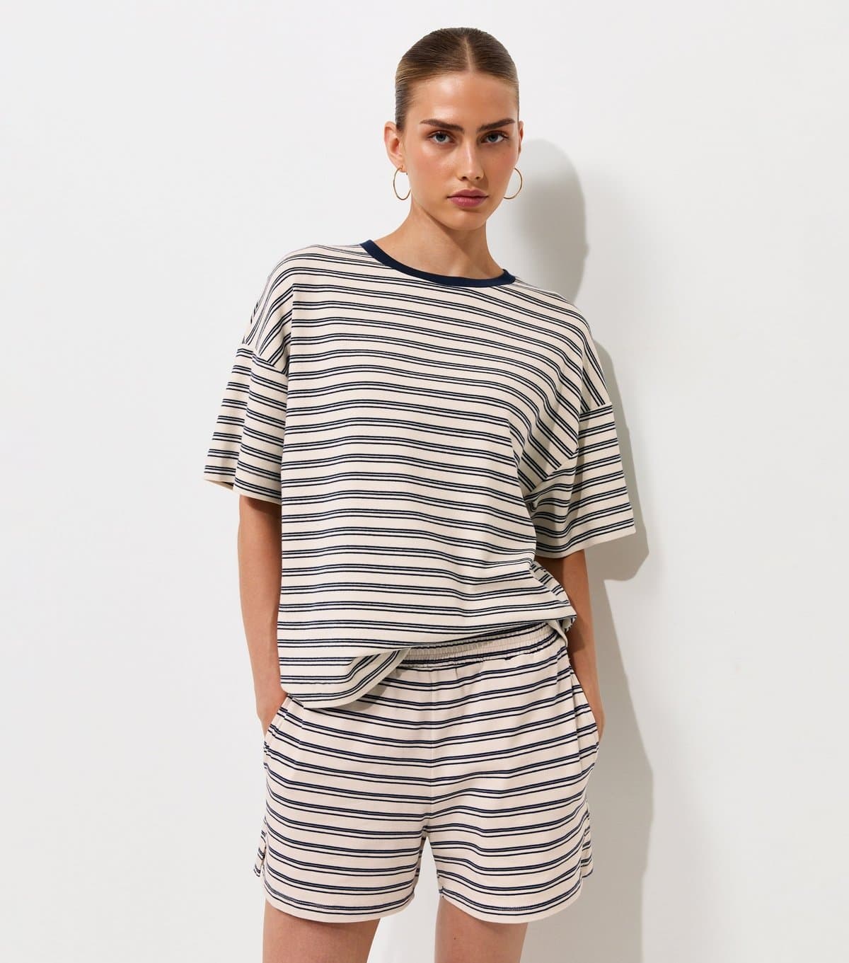 New Look Women's Navy Cotton Jersey Striped Shorts New Look
