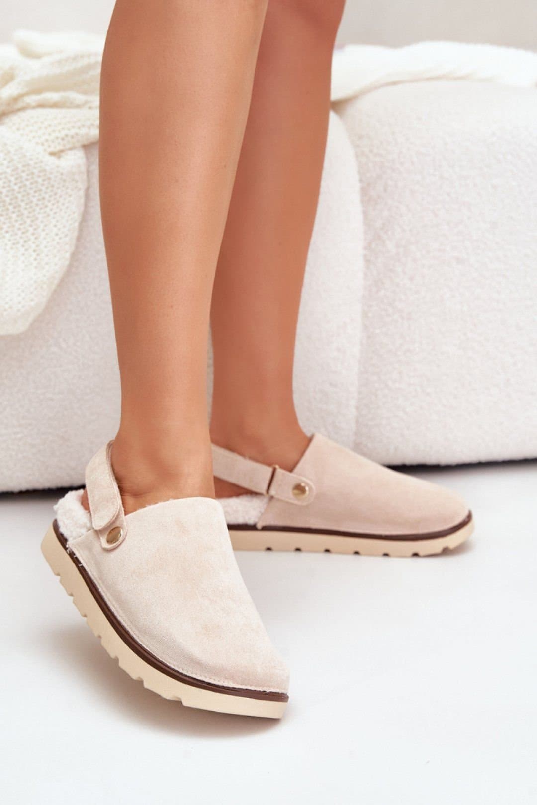 Love Lace Love Lace Women's Platform Insulated Suede Slippers with Sheepskin Lining Velcro in Beige