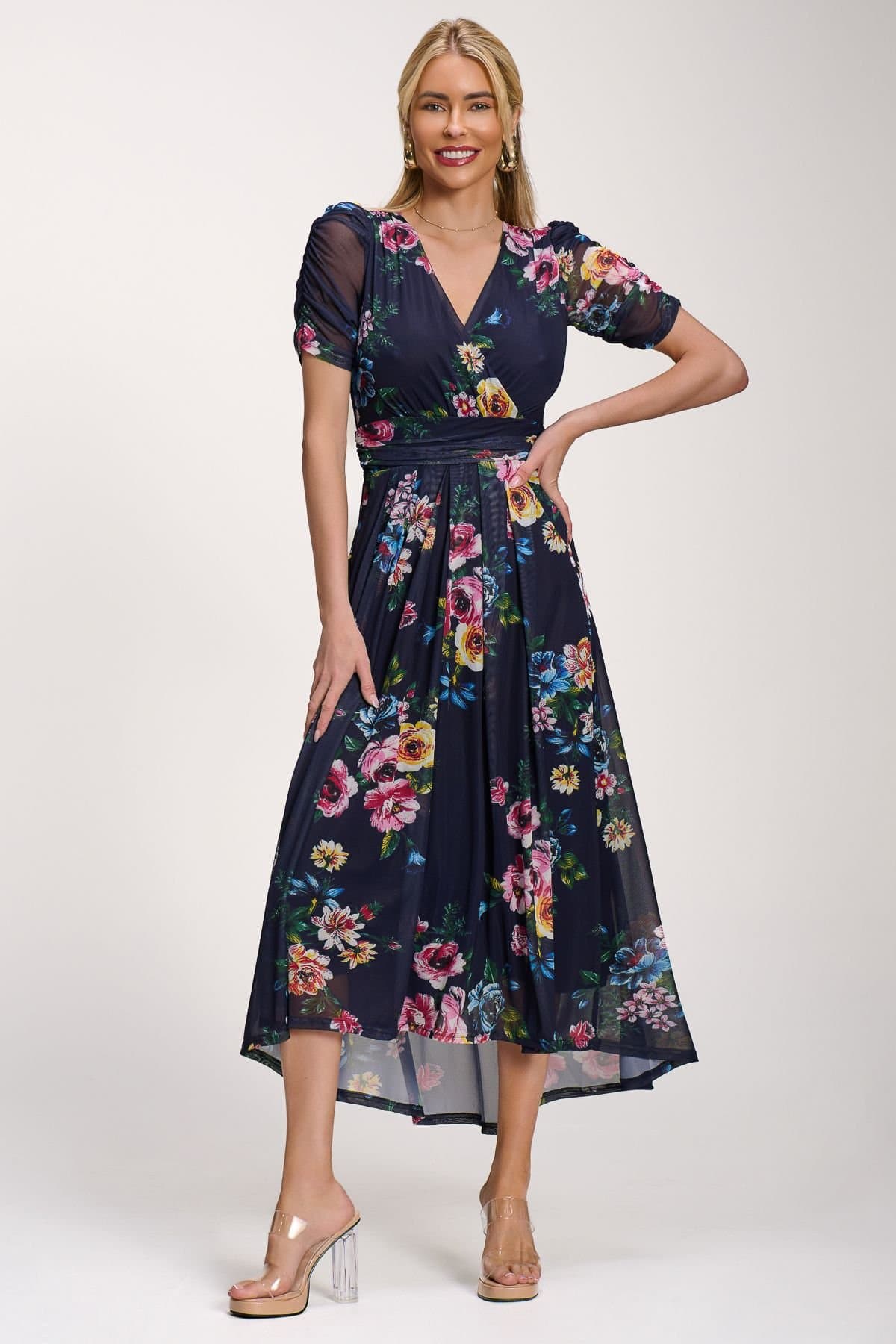Jolie Moi Jolie Moi Women's Petite Mesh Print Dip Hem Maxi Dress