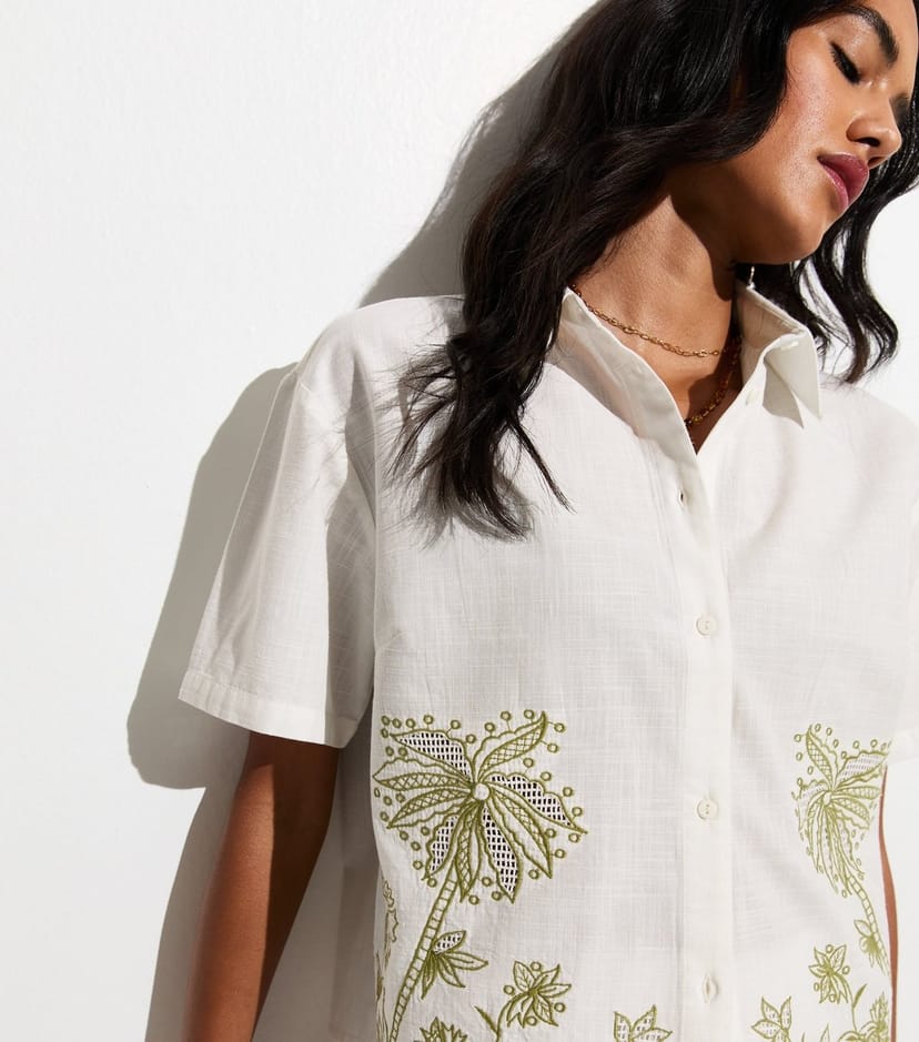 New Look Women's White Woven Palm Embroidered Cotton Beach Shirt New Look - 1