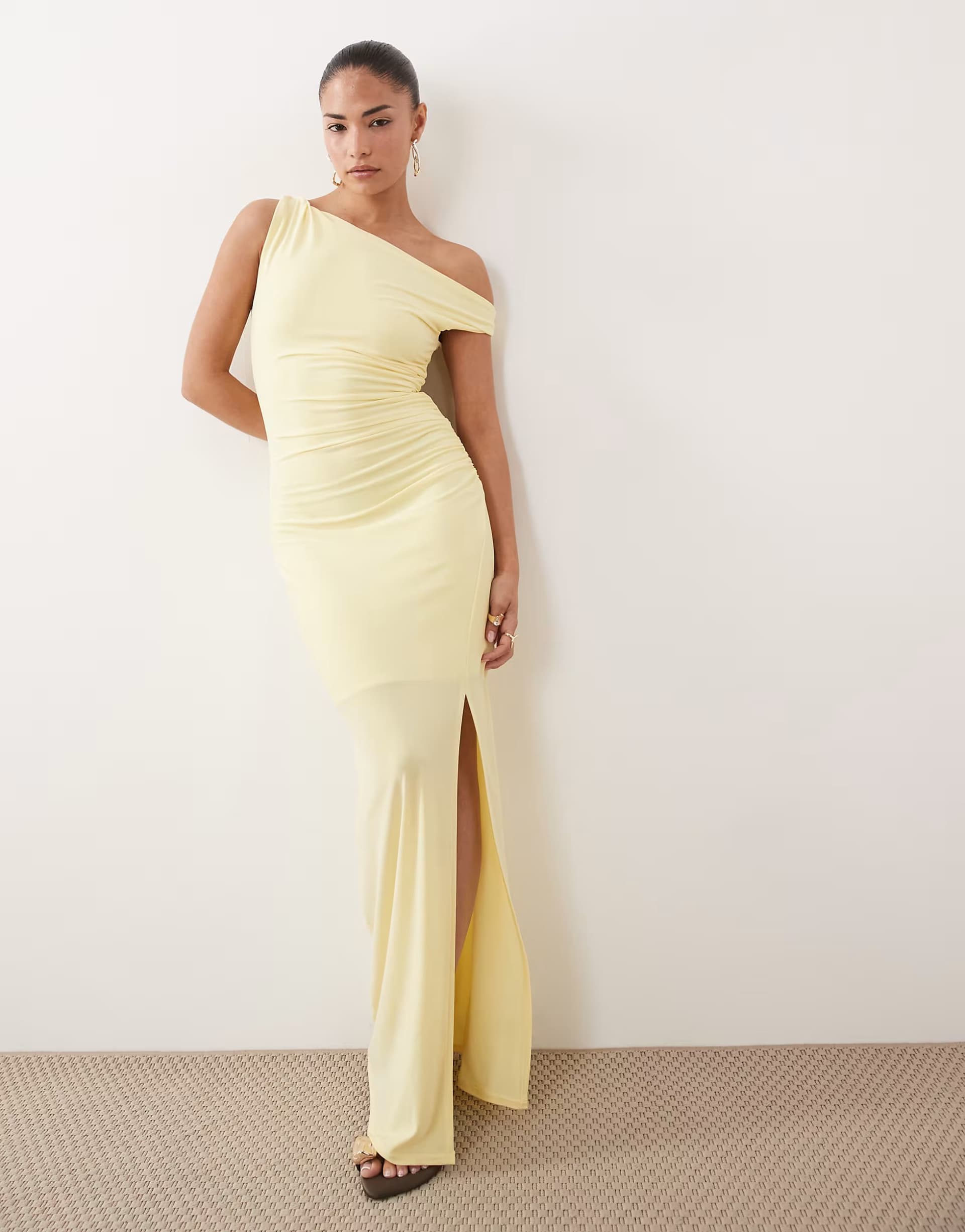 ASOS TFNC Petite one shoulder midaxi dress with thigh split in lemon