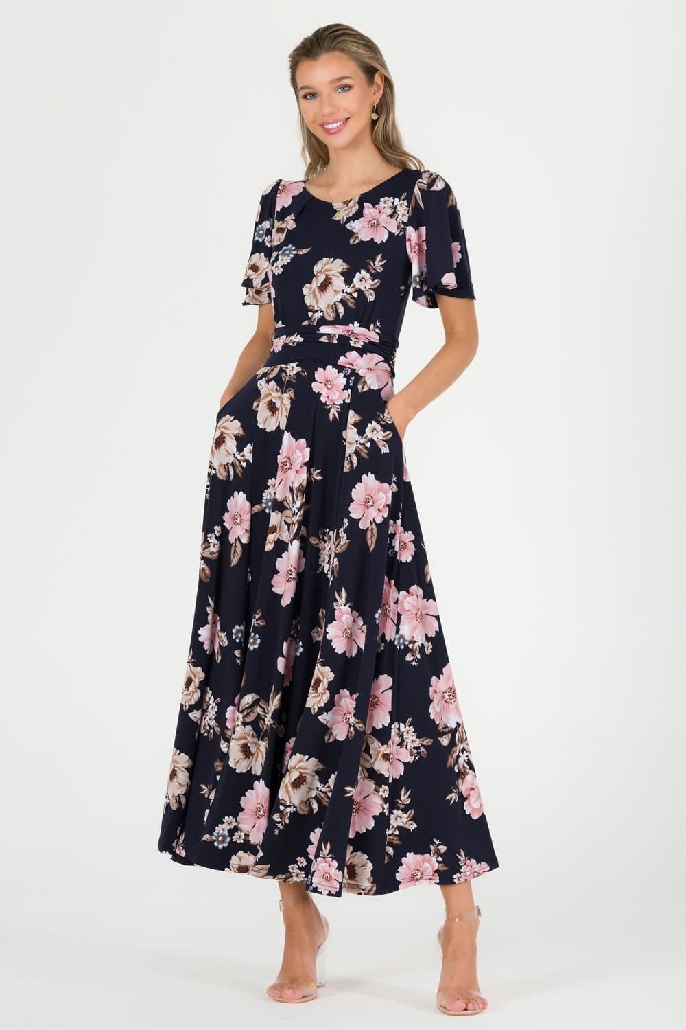 Jolie Moi Jolie Moi Women's Hailey Jersey Angel Sleeve Maxi Dress in Navy