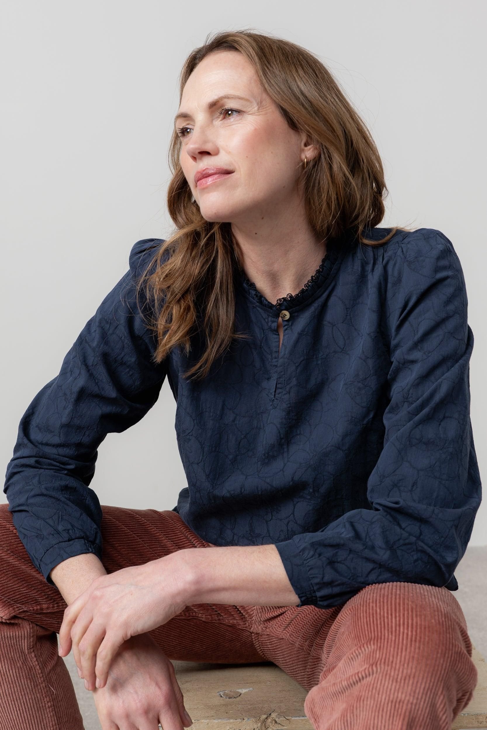 Lily & Me Lily & Me Women's Emily Textured Jacquard Long Sleeve Keyhole Blouse in Navy - 3