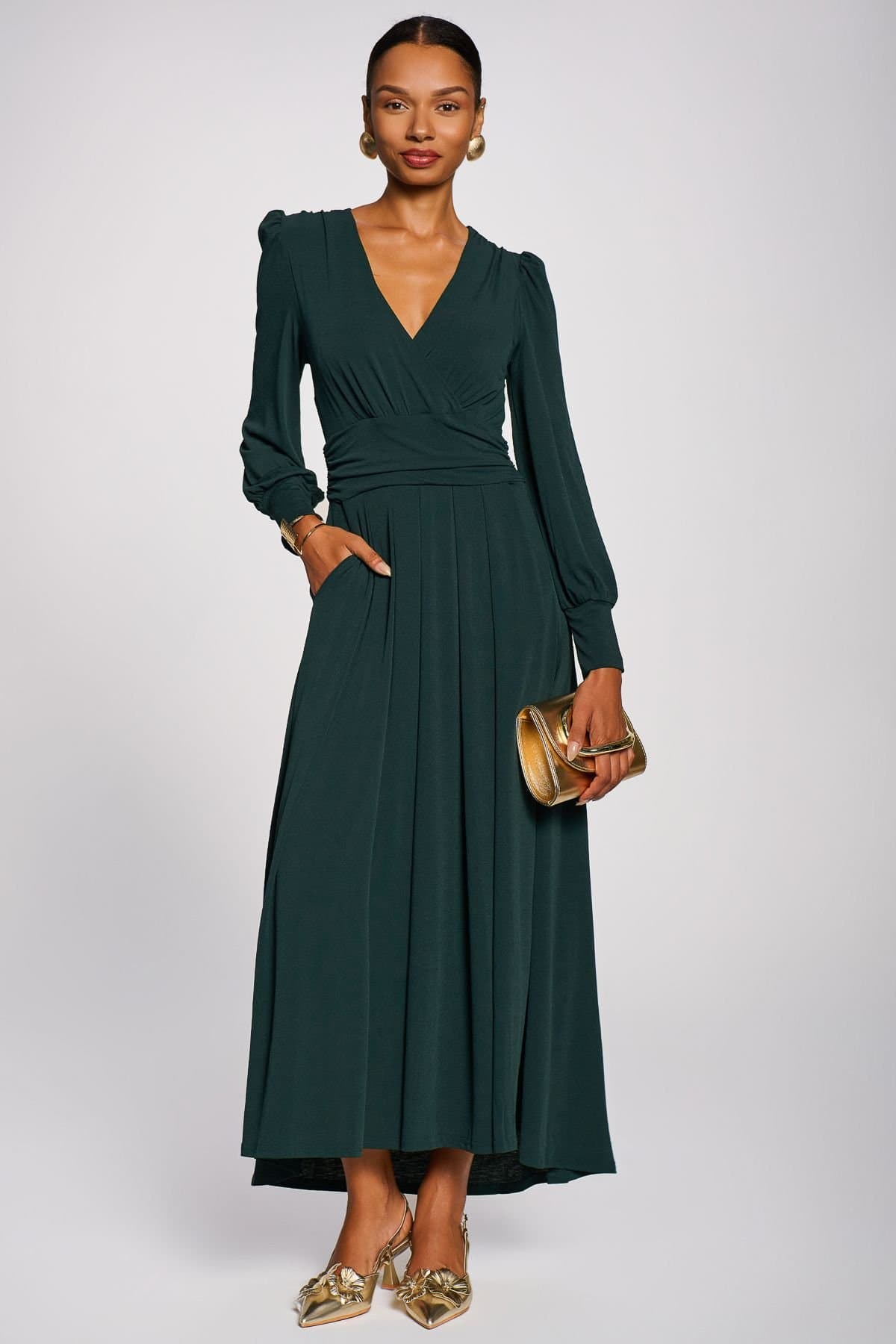 Jolie Moi Jolie Moi Women's Long Sleeve V-Neck Jersey Maxi Dress in Dark Green