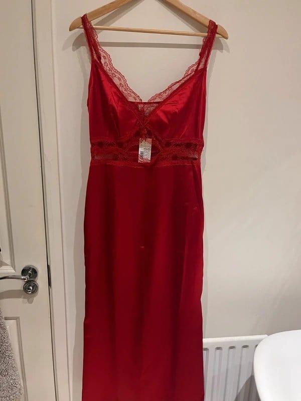 Never Fully Dressed Red Satin Lace Slip Midi Dress