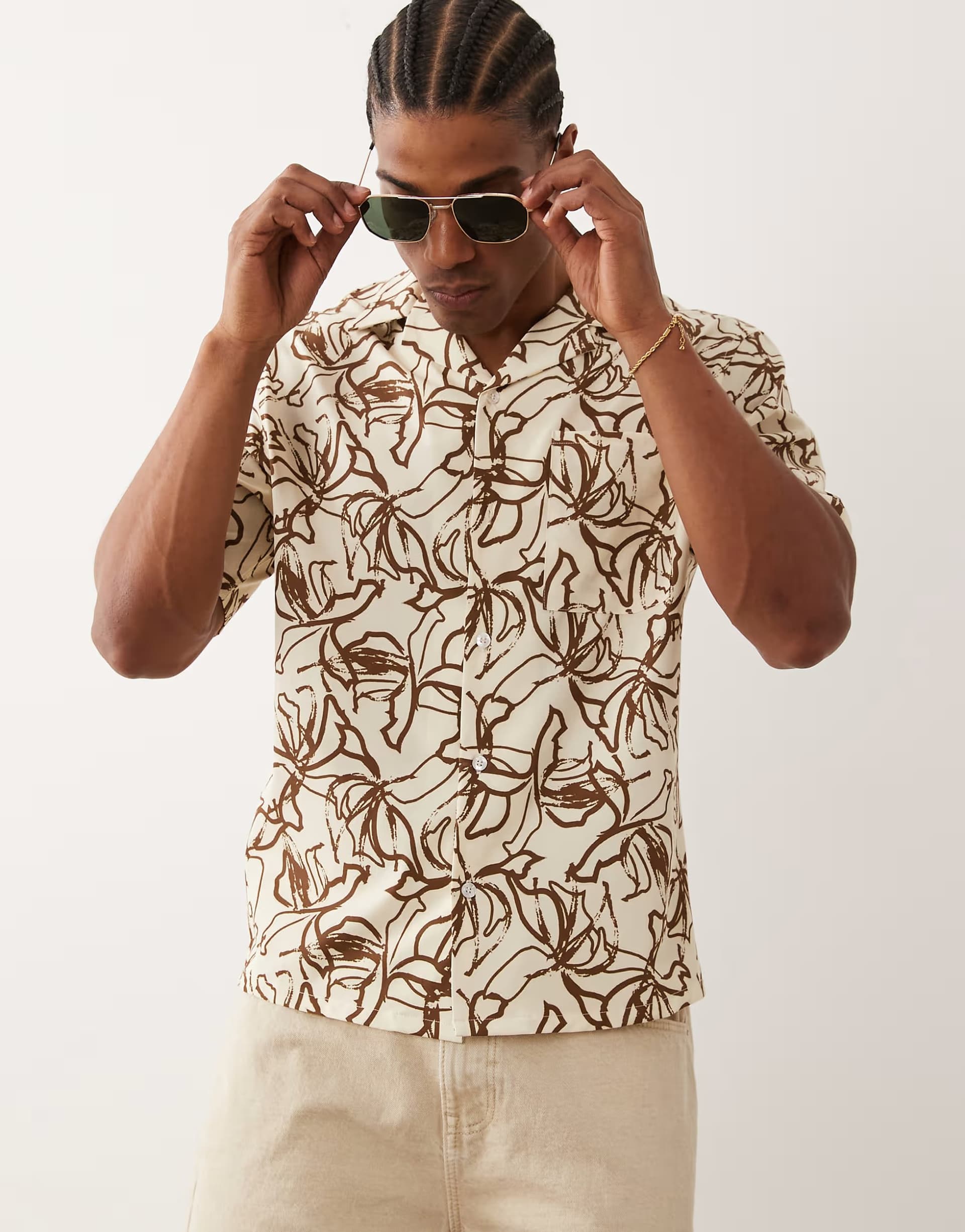 ASOS ASOS Beige Abstract Print Short Sleeve Beach Shirt