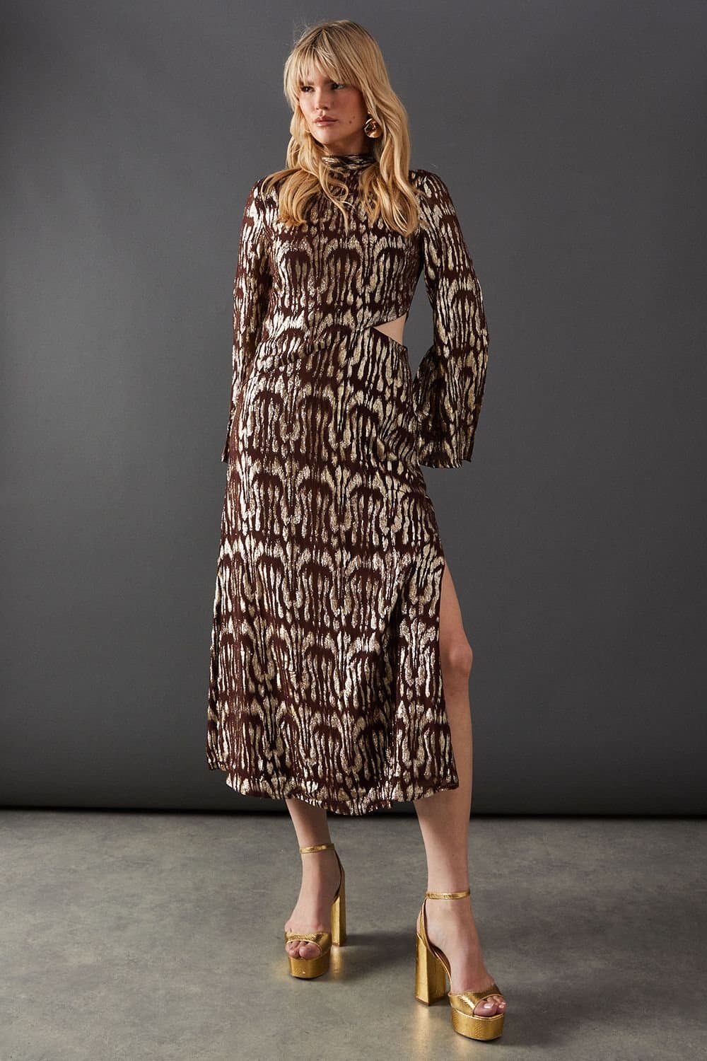 Warehouse Warehouse Women's Animal Metallic Jacquard Midi Dress in Chocolate