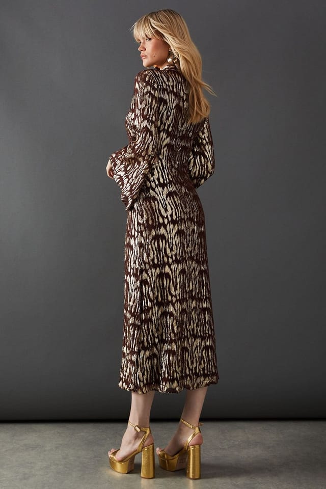 Warehouse Warehouse Women's Animal Metallic Jacquard Midi Dress in Chocolate - 3