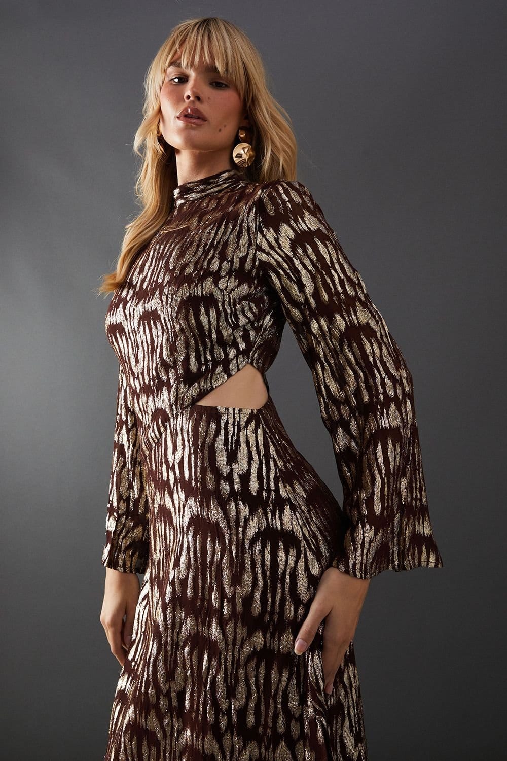 Warehouse Warehouse Women's Animal Metallic Jacquard Midi Dress in Chocolate - 4