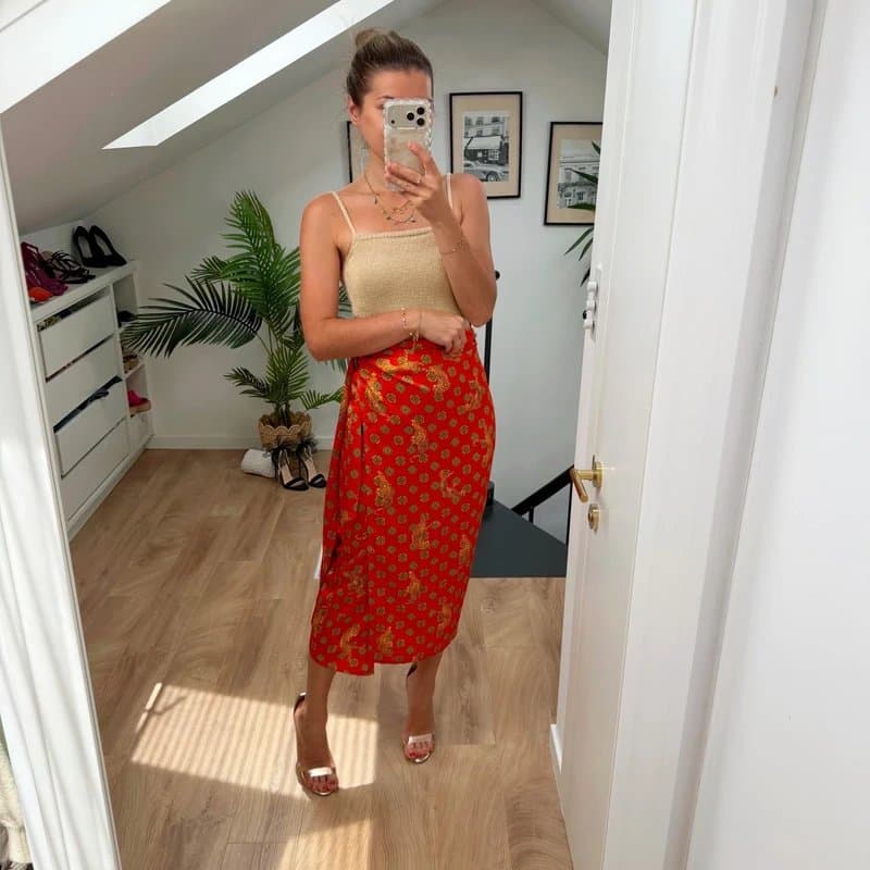 Never Fully Dressed Never Fully Dressed Red Paisley Print Satin Wrap Midi Skirt in size S