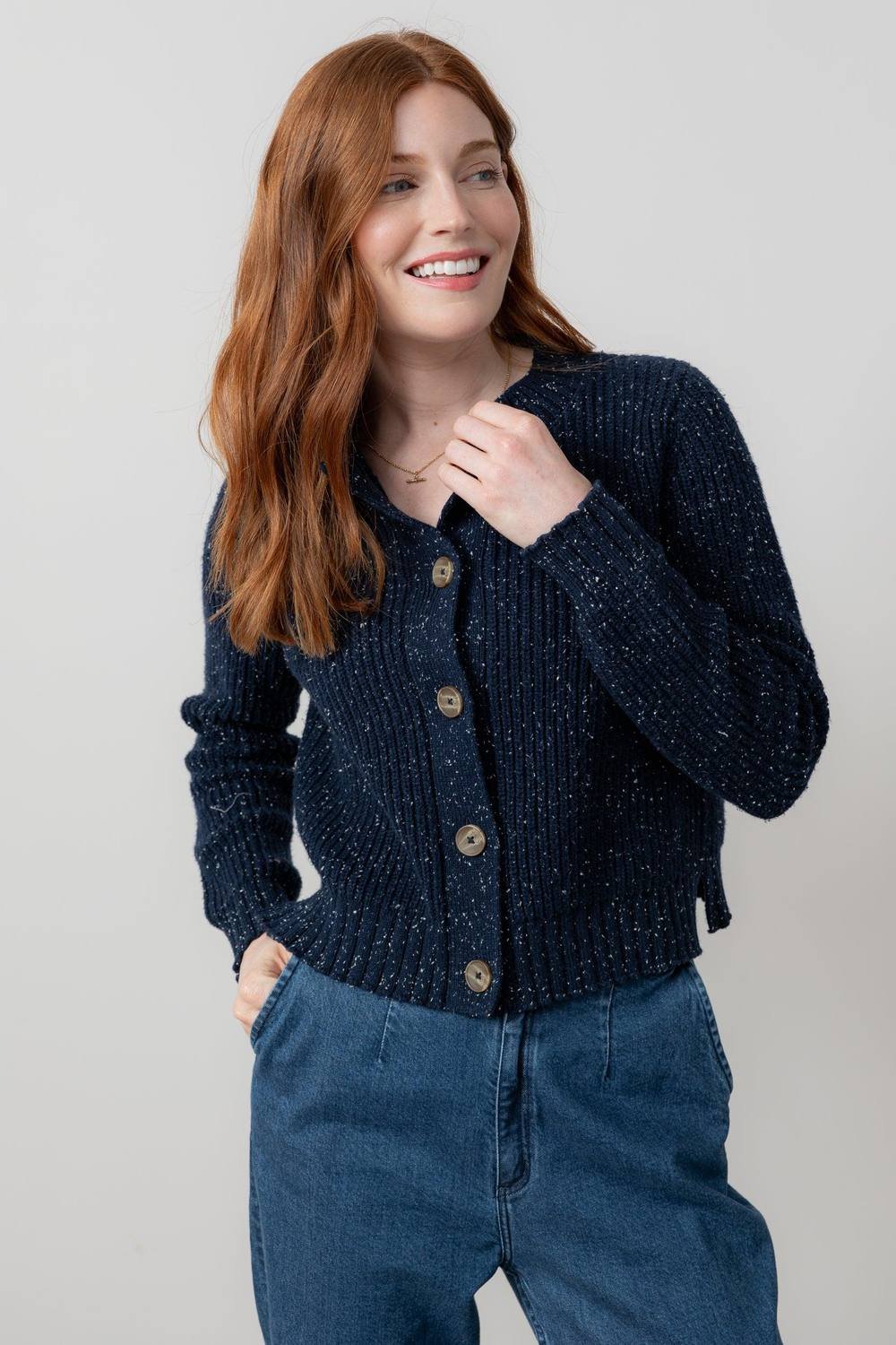 Lily & Me Lily & Me Women's June Boxy Fit Cotton Rich Ribbed Knit Cardigan in Navy - 2
