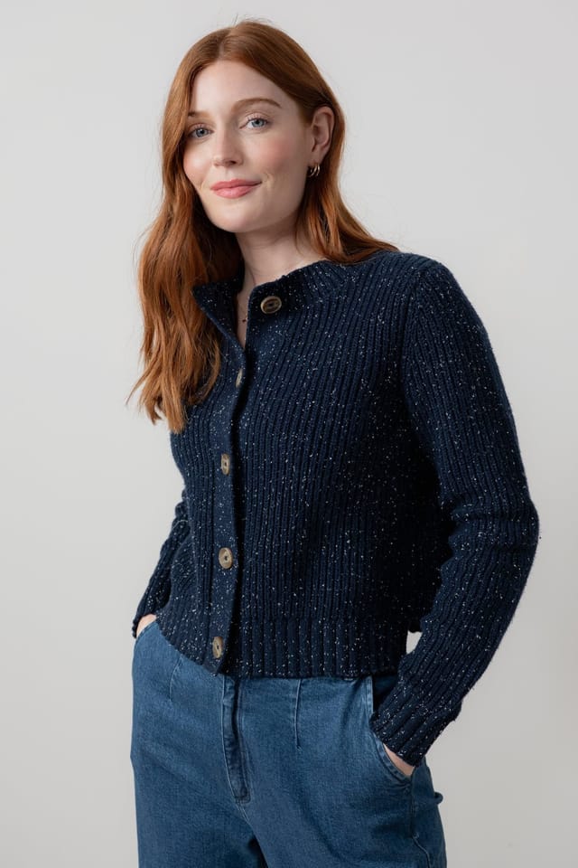 Lily & Me Lily & Me Women's June Boxy Fit Cotton Rich Ribbed Knit Cardigan in Navy - 3