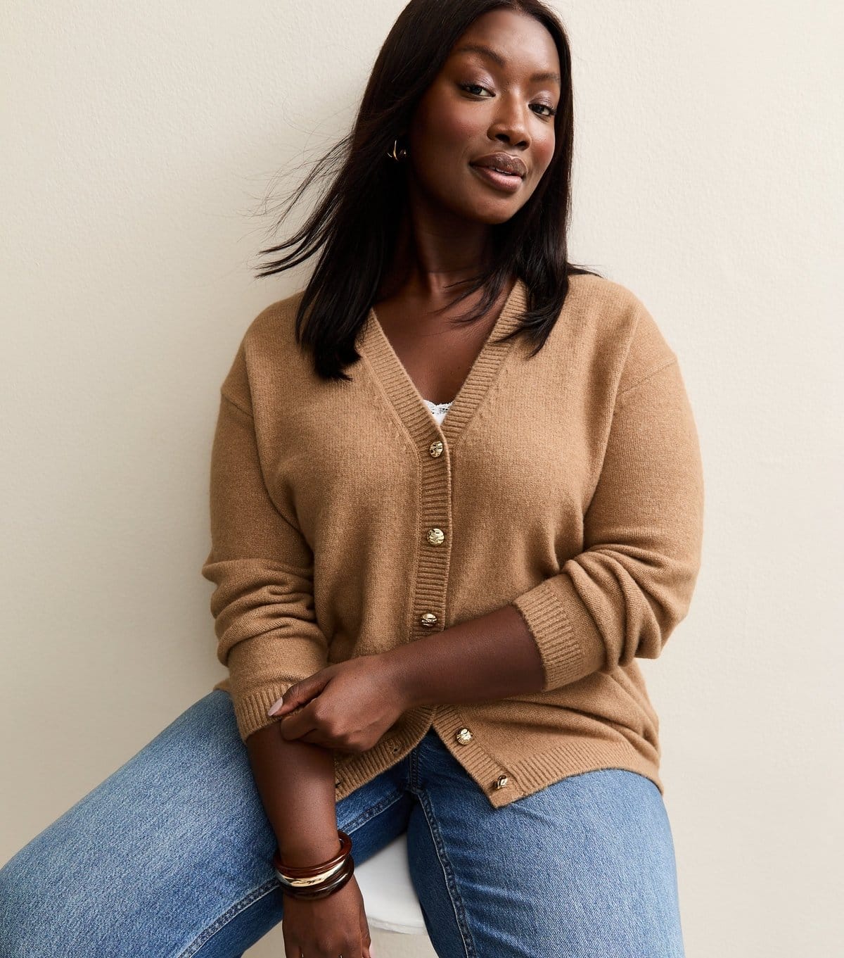 New Look Camel V-Neck Boyfriend Cardigan for Plus Sizes