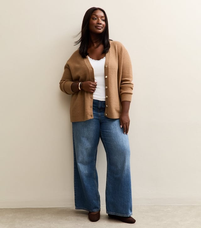 New Look Women's Plus Size Camel V-Neck Boyfriend Cardigan Curves New Look - 3
