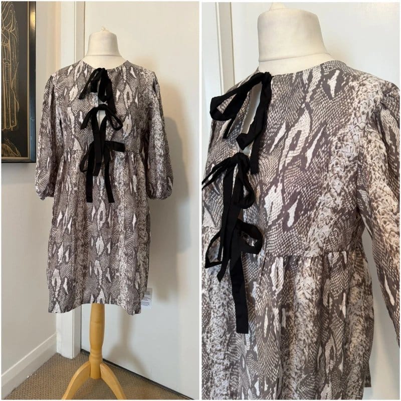 ASOS Design Snake Print Smock Babydoll Mini Dress, Black Bow Tie
