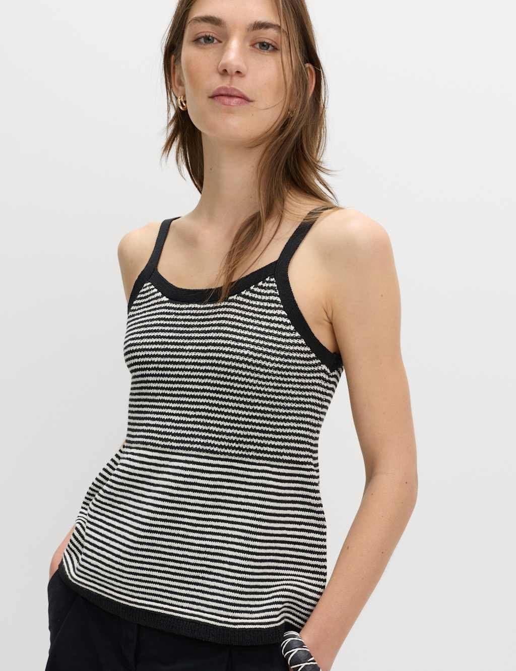 Marks & Spencer M&S Cotton Blend Striped Square Neck Knitted Vest Black Mix