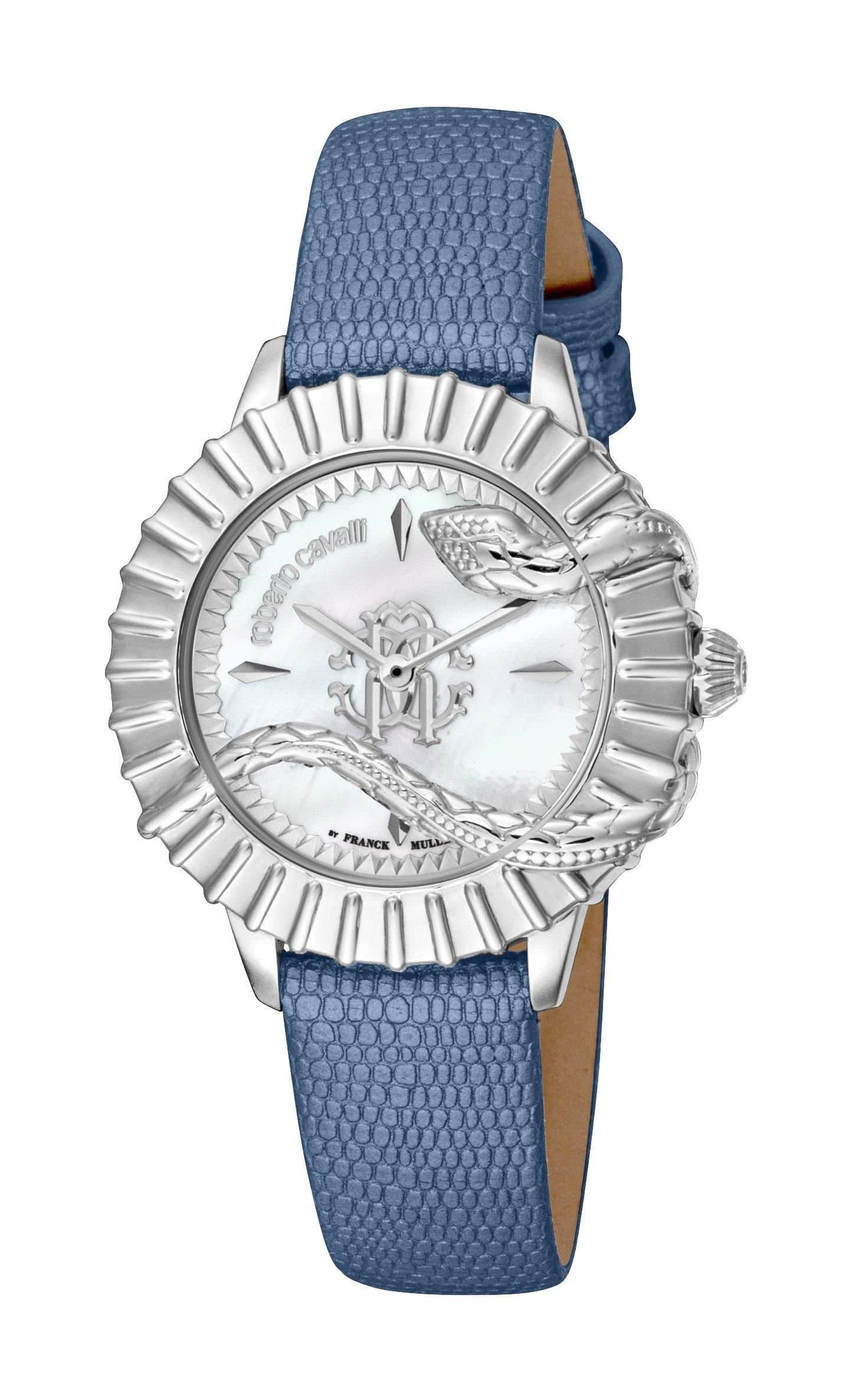 Roberto Cavalli by Franck Muller Roberto Cavalli by Franck Muller Women's Silver Dial Silver Bezel Blue Band Watch in Dark Blue