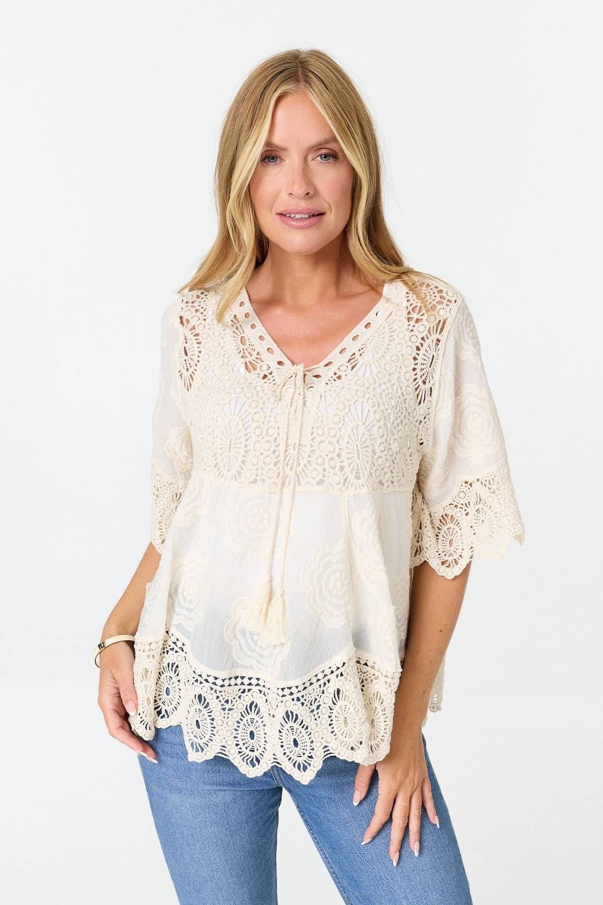 Izabel London Izabel London Women's Crochet Texture Tassel Front Boho Blouse in White