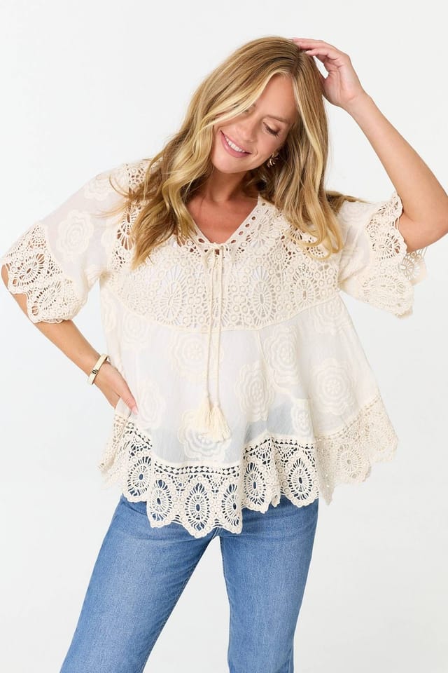 Izabel London Izabel London Women's Crochet Texture Tassel Front Boho Blouse in White - 2