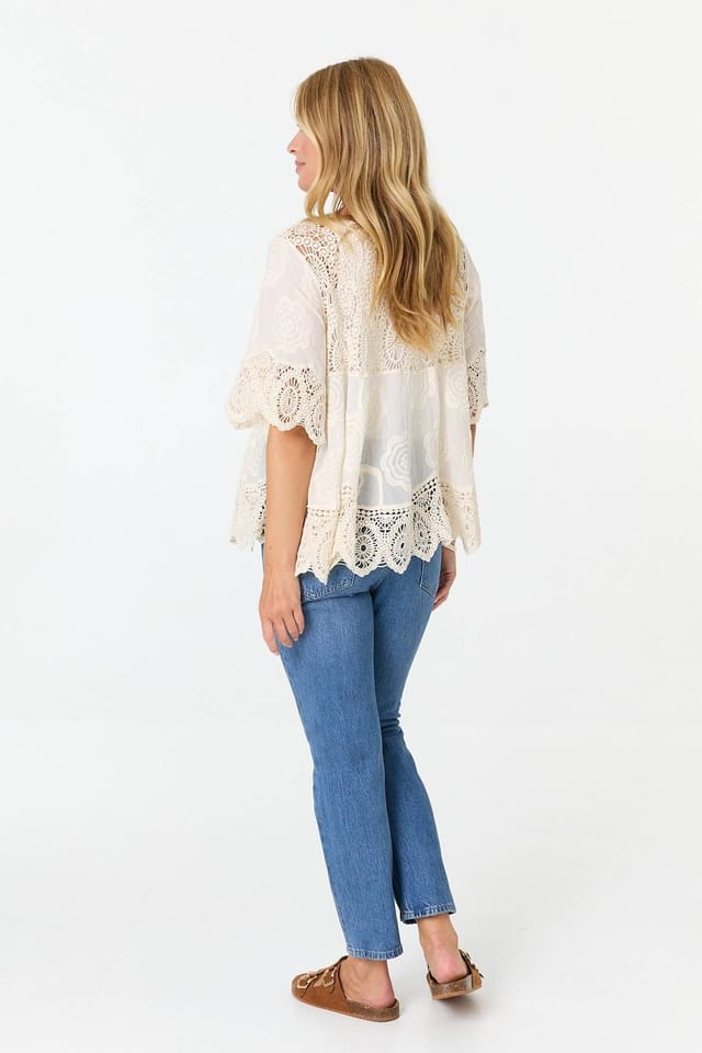 Izabel London Izabel London Women's Crochet Texture Tassel Front Boho Blouse in White - 3