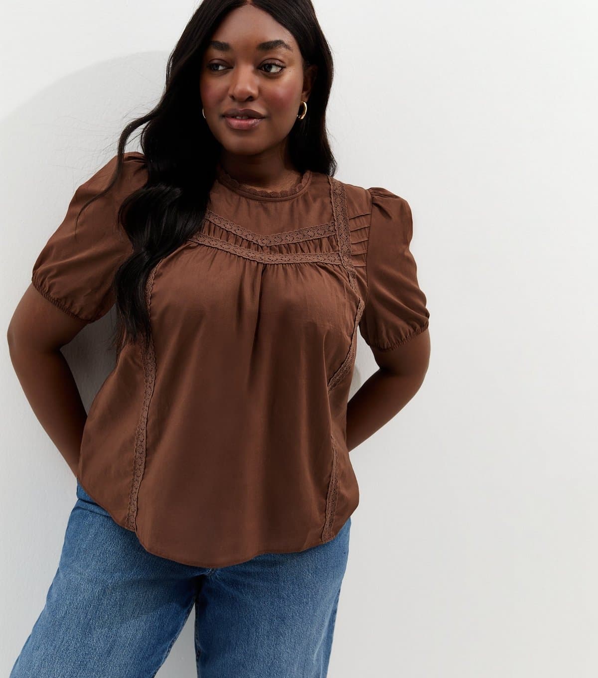 New Look Women's Plus Size Dark Brown Lace Trim Puff Sleeve Top Curves New Look