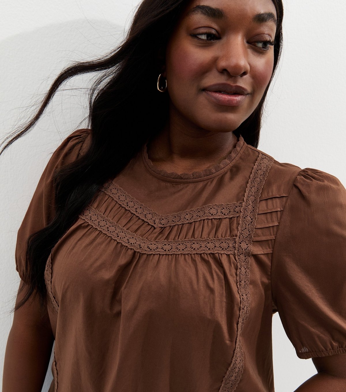 New Look Women's Plus Size Dark Brown Lace Trim Puff Sleeve Top Curves New Look - 2