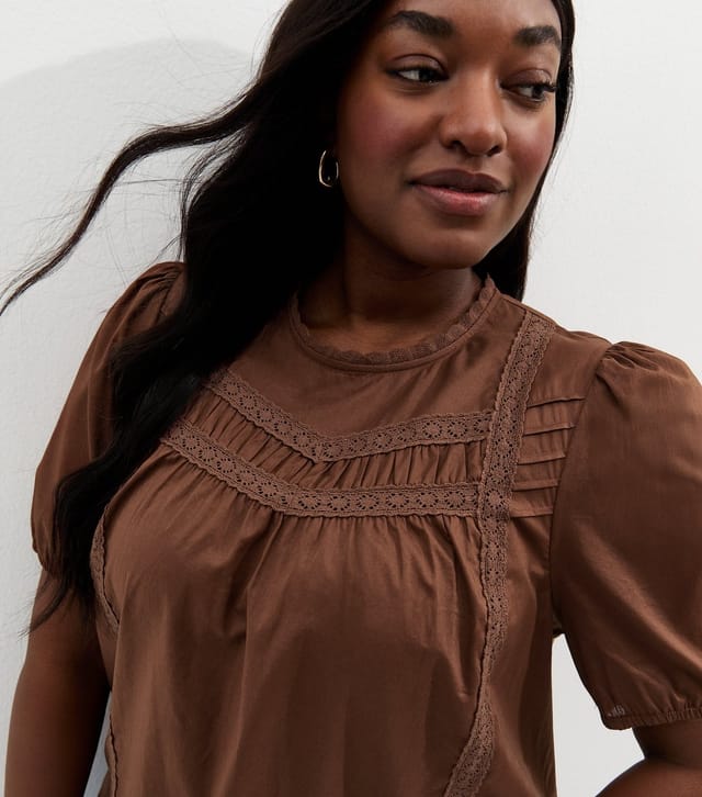 New Look Women's Plus Size Dark Brown Lace Trim Puff Sleeve Top Curves New Look - 2