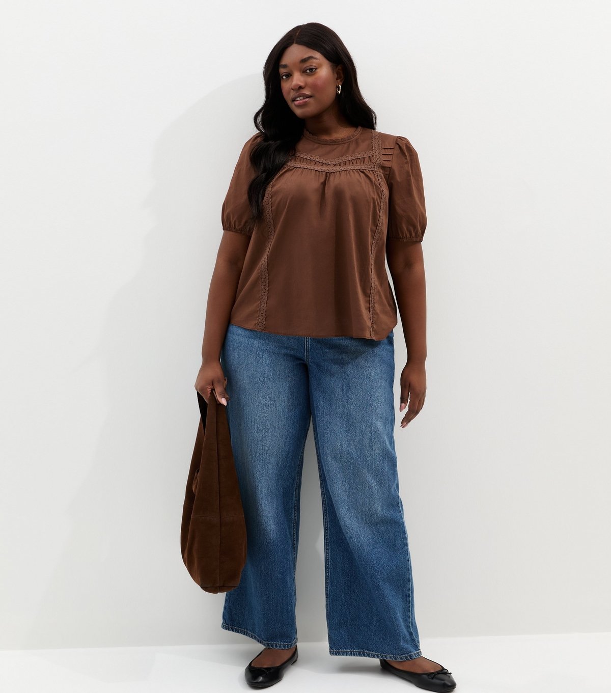 New Look Women's Plus Size Dark Brown Lace Trim Puff Sleeve Top Curves New Look - 3