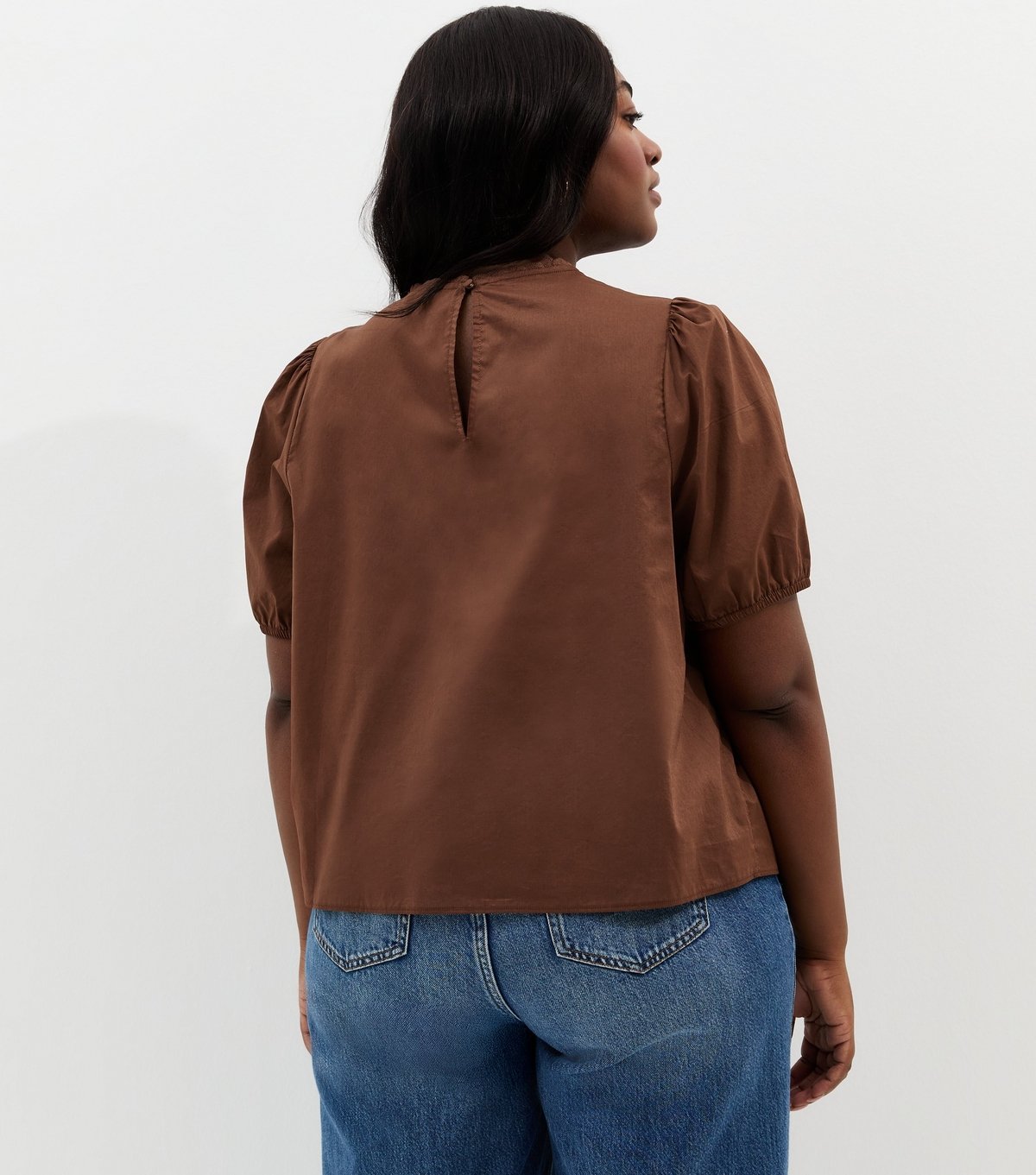 New Look Women's Plus Size Dark Brown Lace Trim Puff Sleeve Top Curves New Look - 4