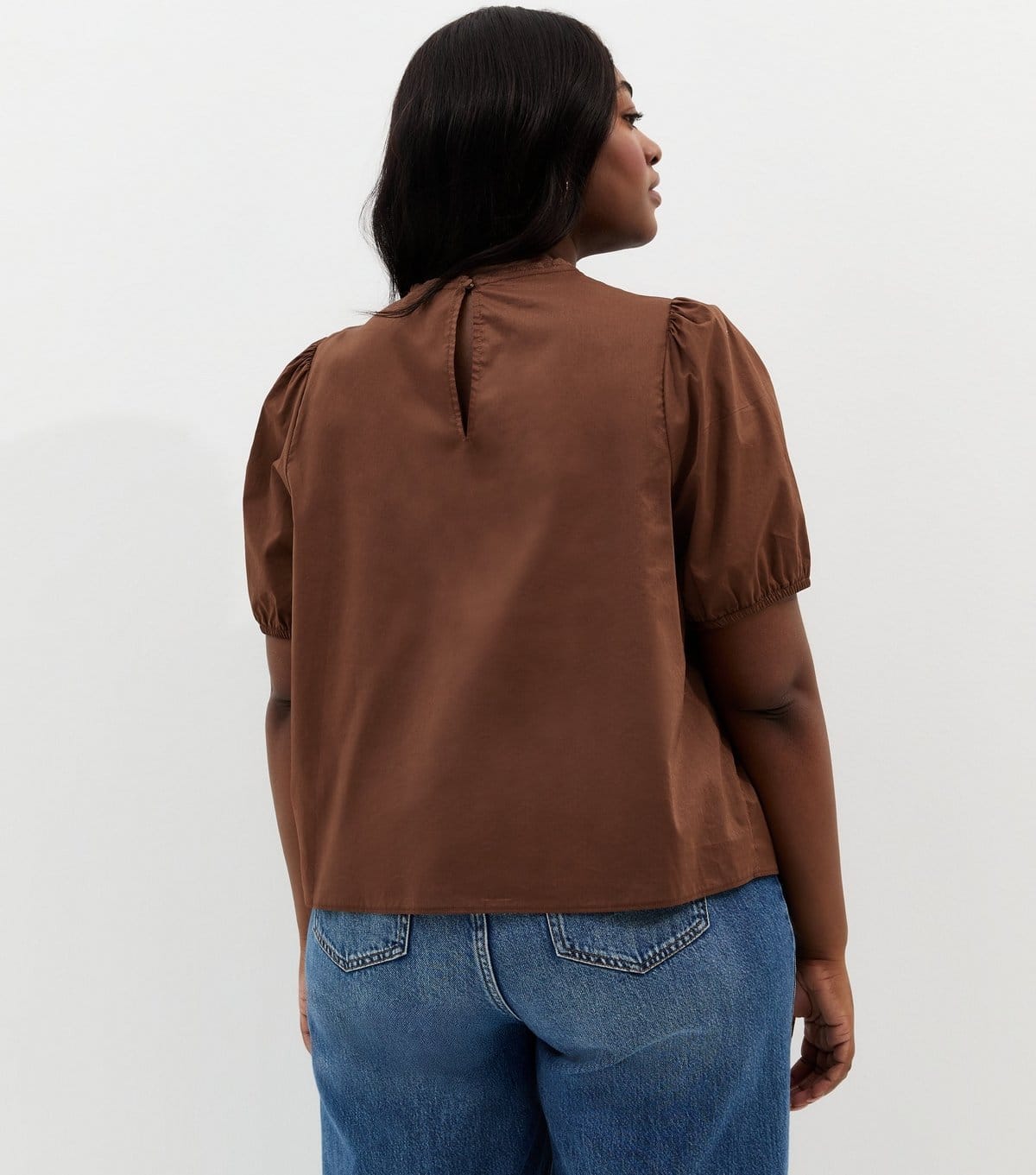 New Look Women's Plus Size Dark Brown Lace Trim Puff Sleeve Top Curves New Look - 4