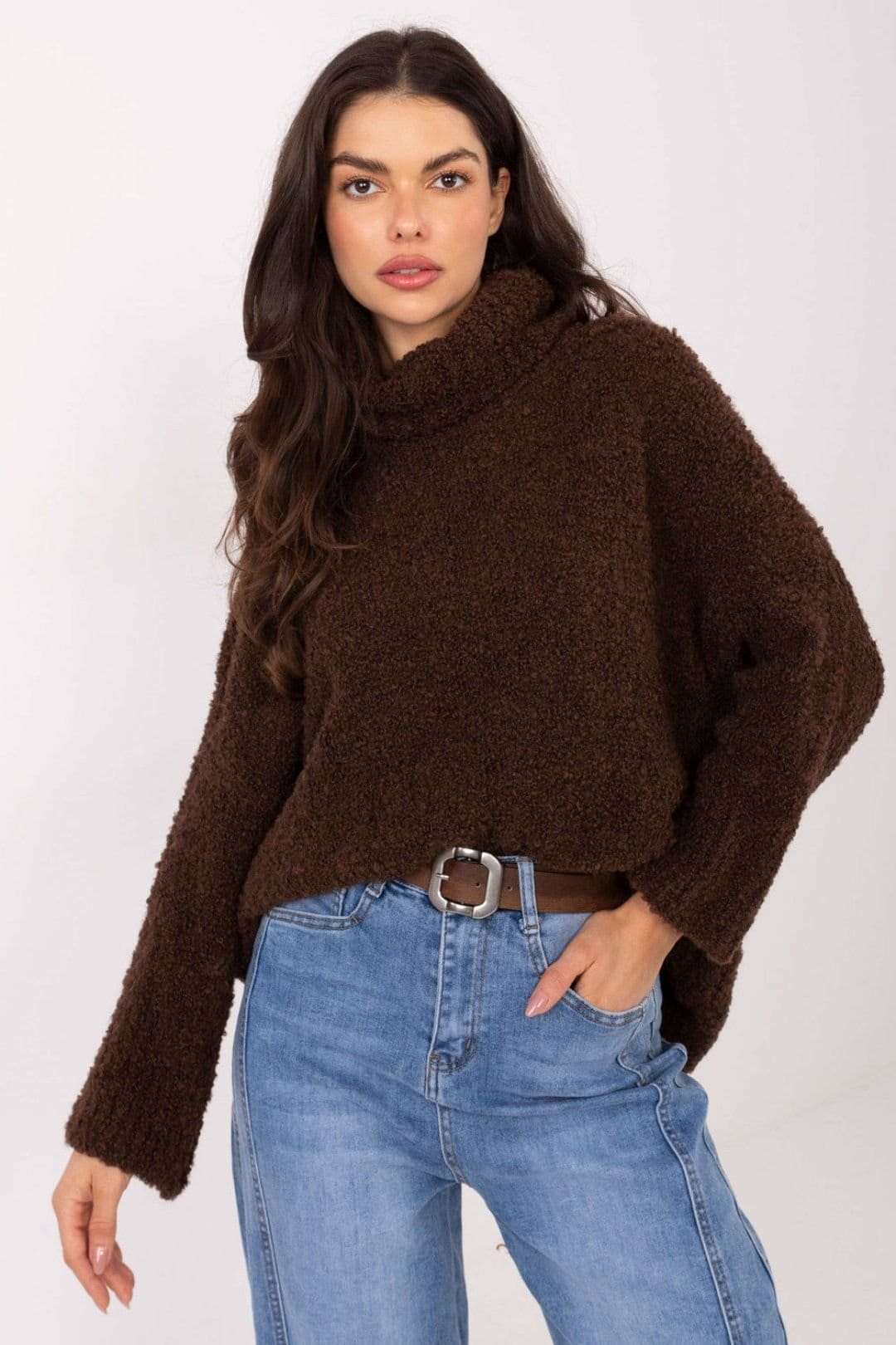 Love Lace Brown Boucle Turtleneck Sweater