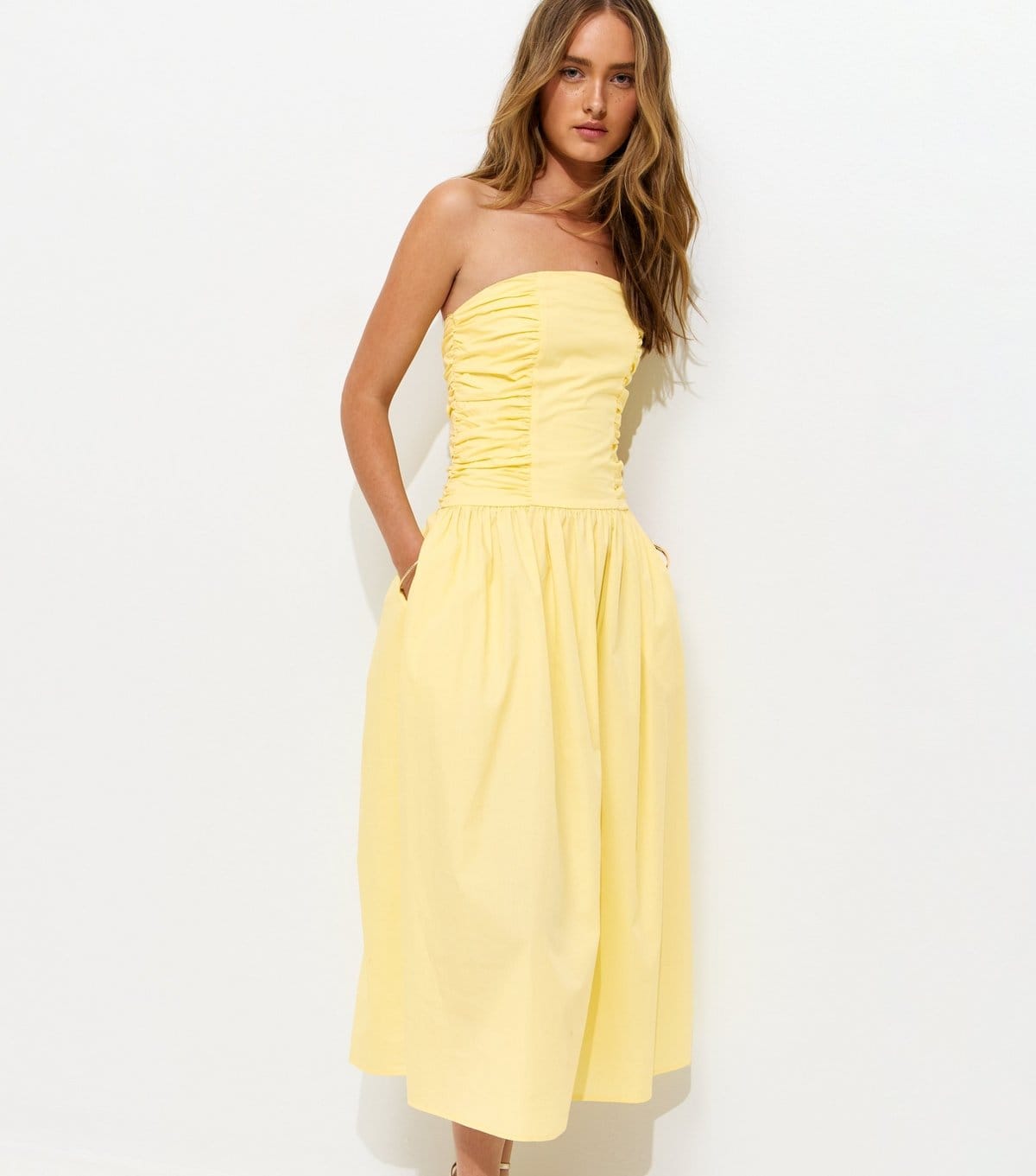 New Look Light Yellow Bandeau Ruched A Line Midi Dress