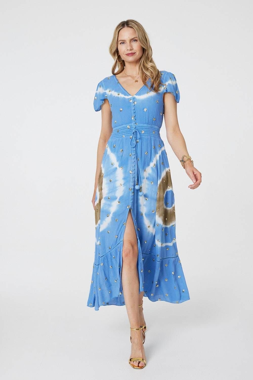 Izabel London Izabel London Women's Tie Dye Print Shirred Tie Waist Midi Dress in Blue