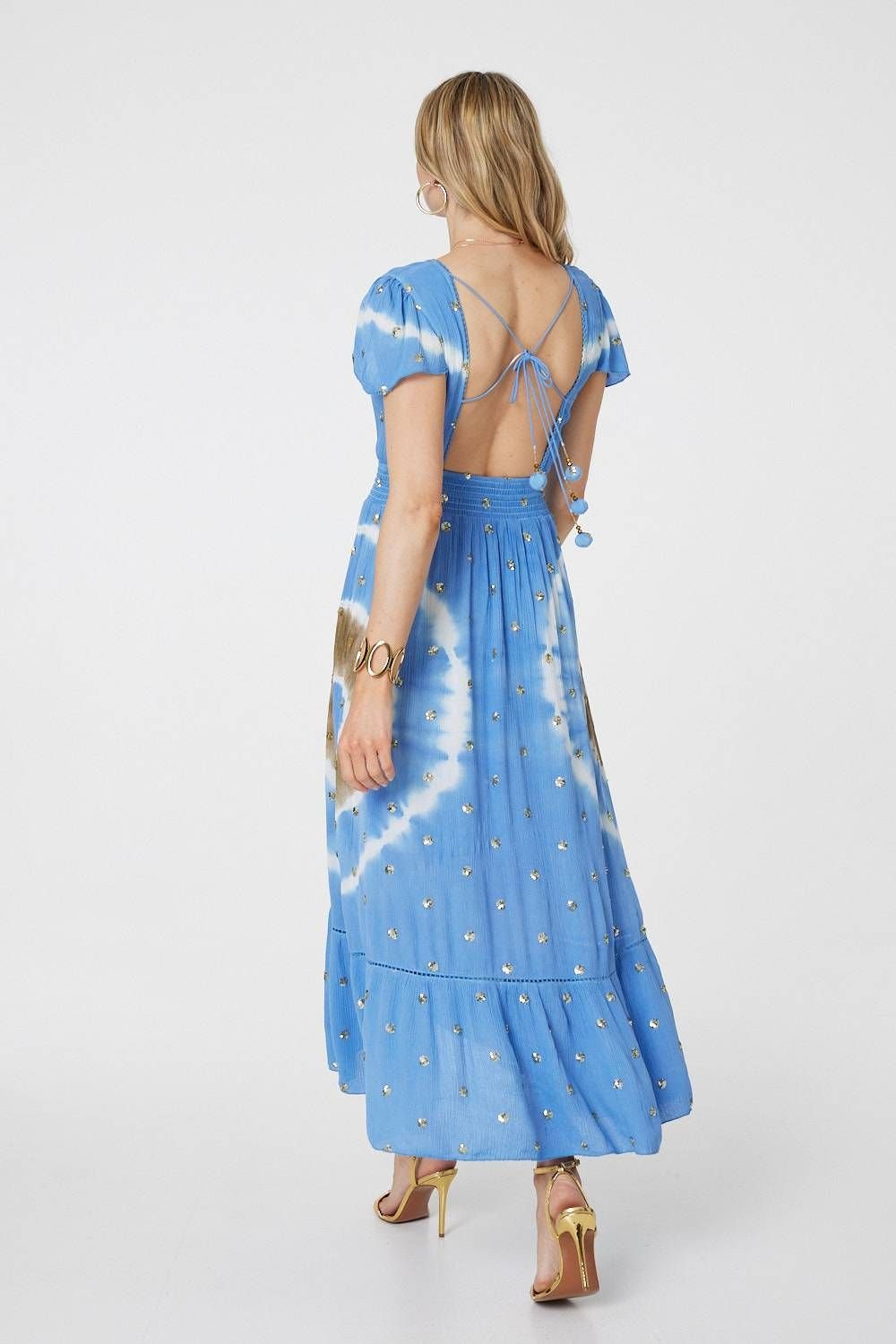 Izabel London Izabel London Women's Tie Dye Print Shirred Tie Waist Midi Dress in Blue - 3