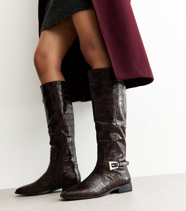 Public Desire Women's Dark Brown Crocodile Effect Faux Leather Boots Public Desire New Look - 2