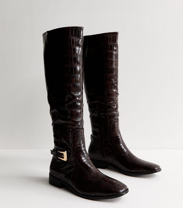 Public Desire Women's Dark Brown Crocodile Effect Faux Leather Boots Public Desire New Look - 3
