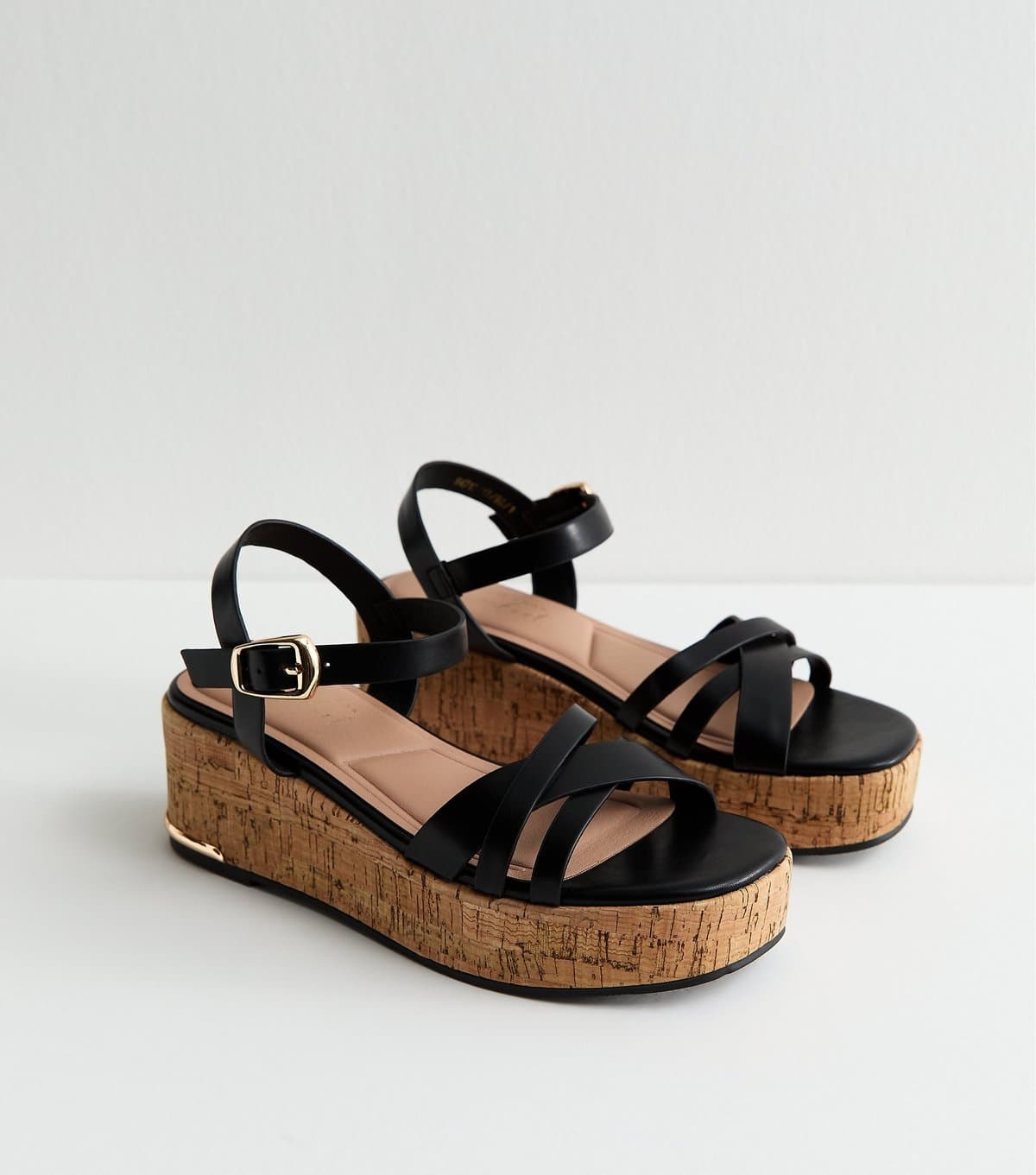 New Look Women's Black Faux Leather Cross Over Strap Cork Flatform Sandals Vegan New Look