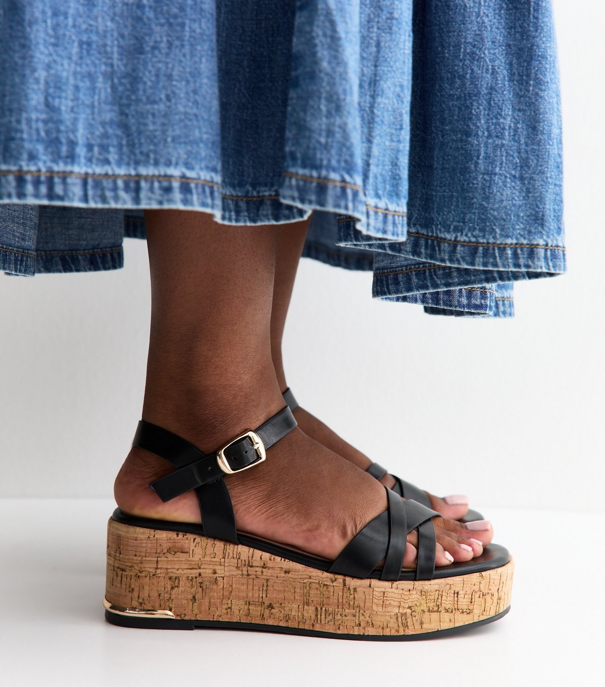 New Look Women's Black Faux Leather Cross Over Strap Cork Flatform Sandals Vegan New Look - 2