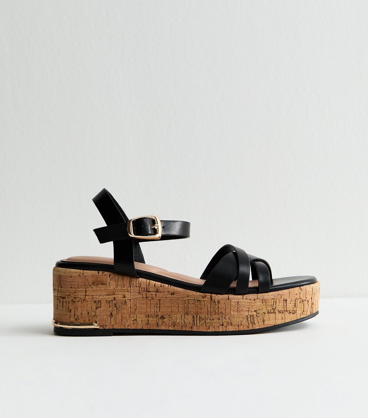 New Look Women's Black Faux Leather Cross Over Strap Cork Flatform Sandals Vegan New Look - 3
