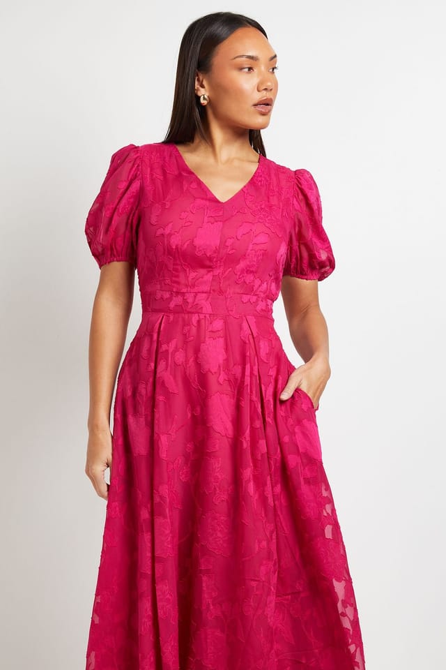 Principles Principles Women's Floral Jacquard Puff Sleeve Midi Dress in Pink - 2