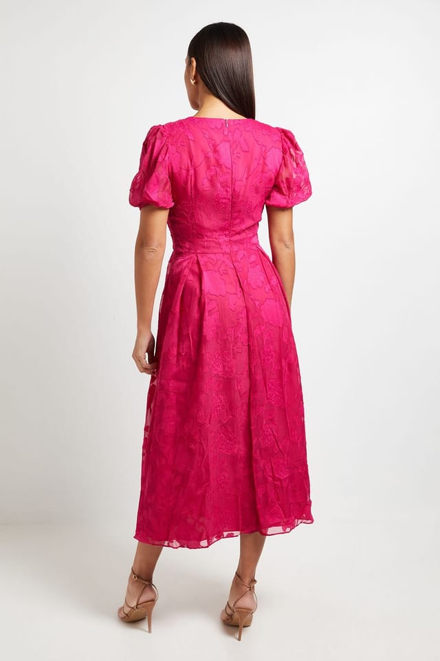 Principles Principles Women's Floral Jacquard Puff Sleeve Midi Dress in Pink - 3