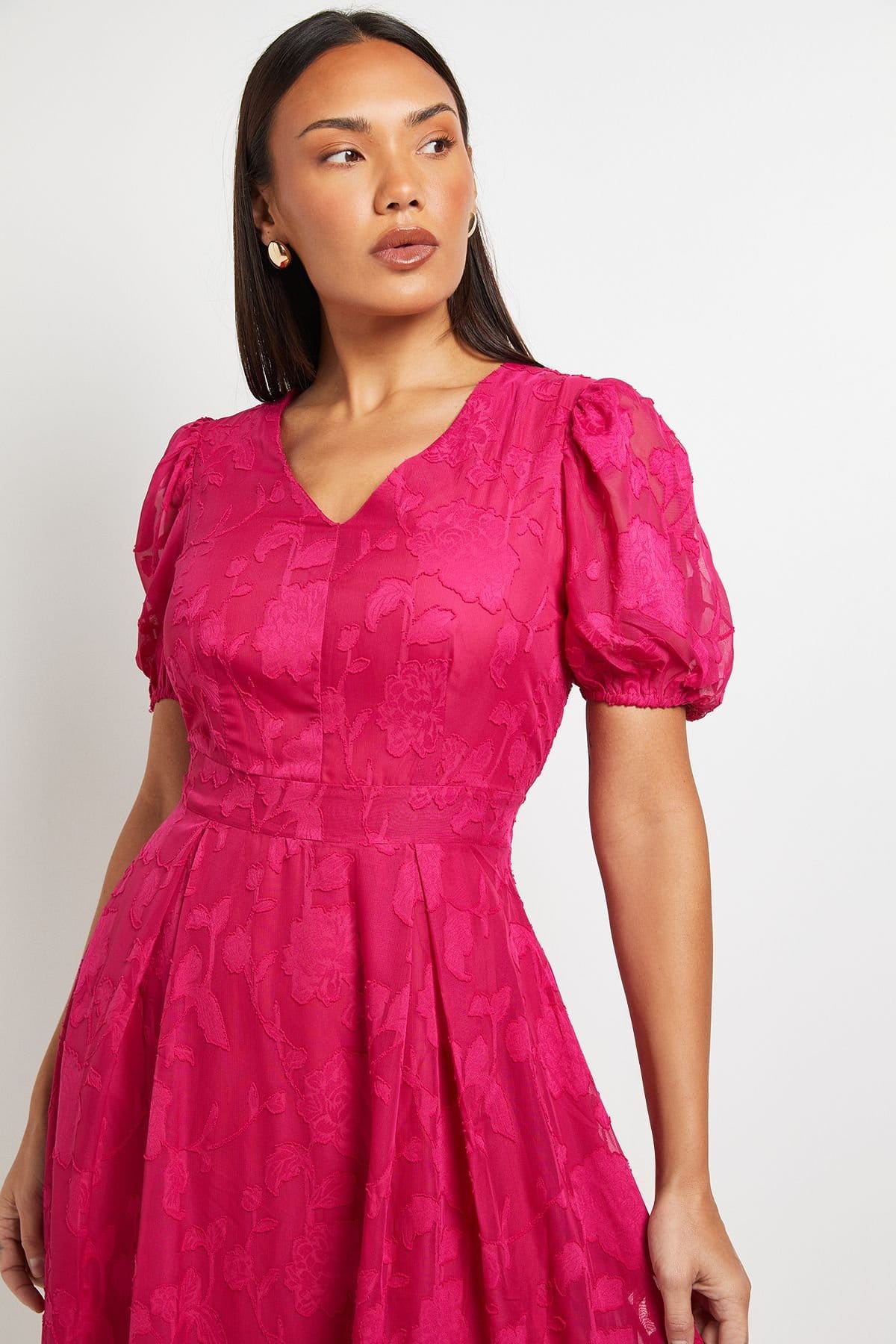 Principles Principles Women's Floral Jacquard Puff Sleeve Midi Dress in Pink - 4