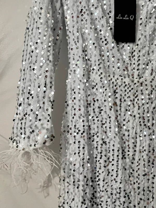 Miss Ord Miss Ord White Sequin Feather Maxi Dress Size M Long Sleeve Evening Party Gown NWT