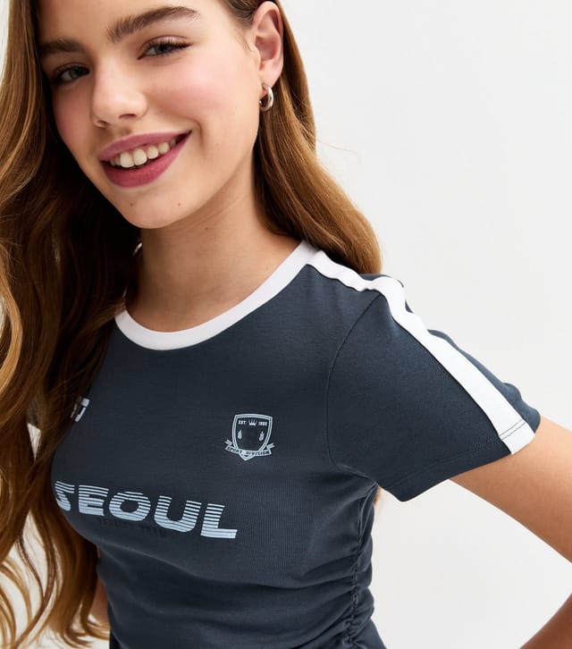 New Look Girls' Navy Seoul Print Ruched Side Football Top New Look - 2